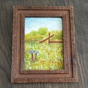 Vintage wood rustic frame & oil painting, mailbox, summer day, signed, 7.5x9.5”